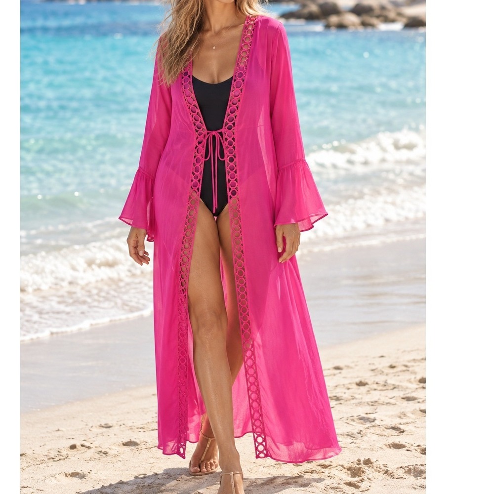 Torrid 0X Swim Cover Up Neon Pink Chiffon Bell Sleeve Maxi Boho Resortwear